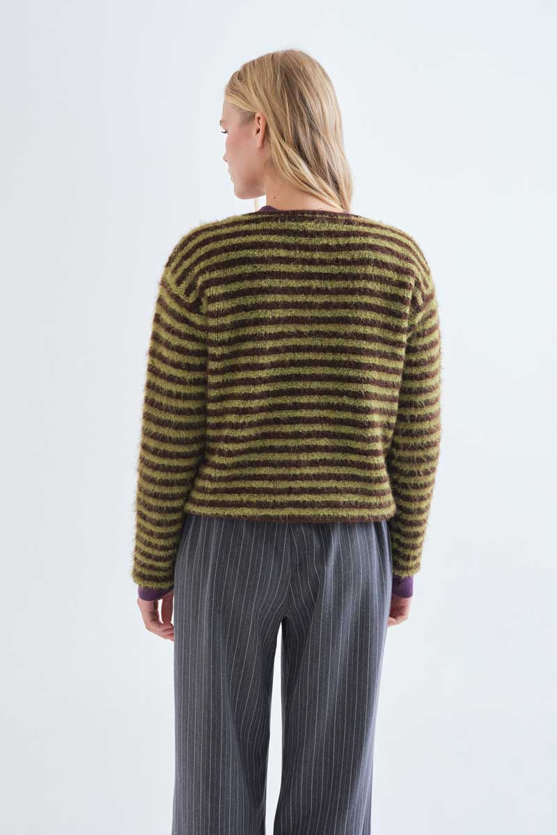 Olive and Brown Striped Knit Cardigan