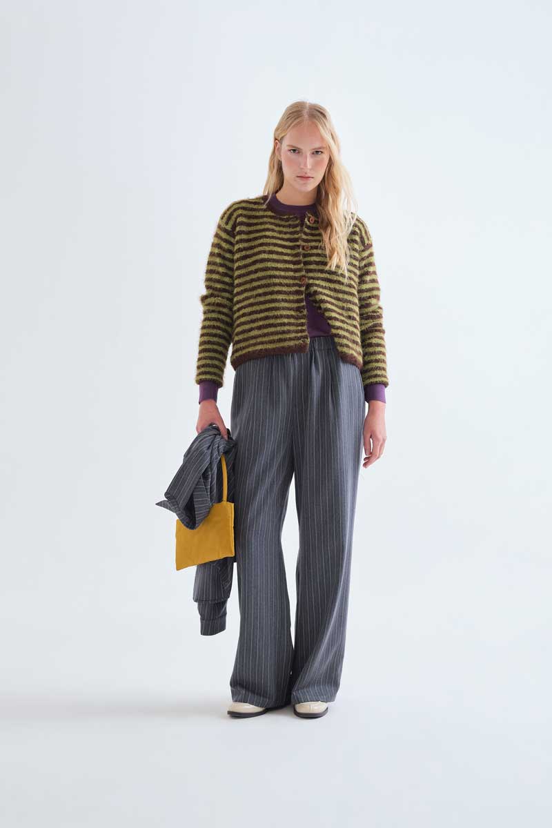 Olive and Brown Striped Knit Cardigan