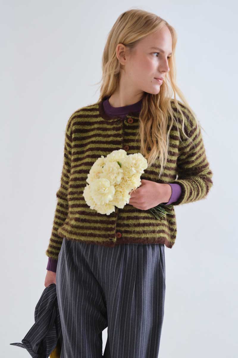 Olive and Brown Striped Knit Cardigan