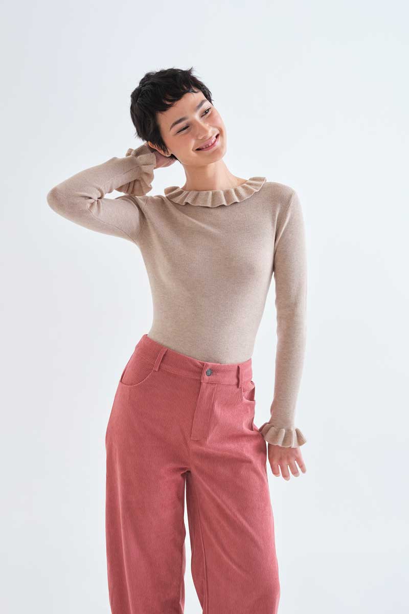 Beige Ruffle-Trim Jumper