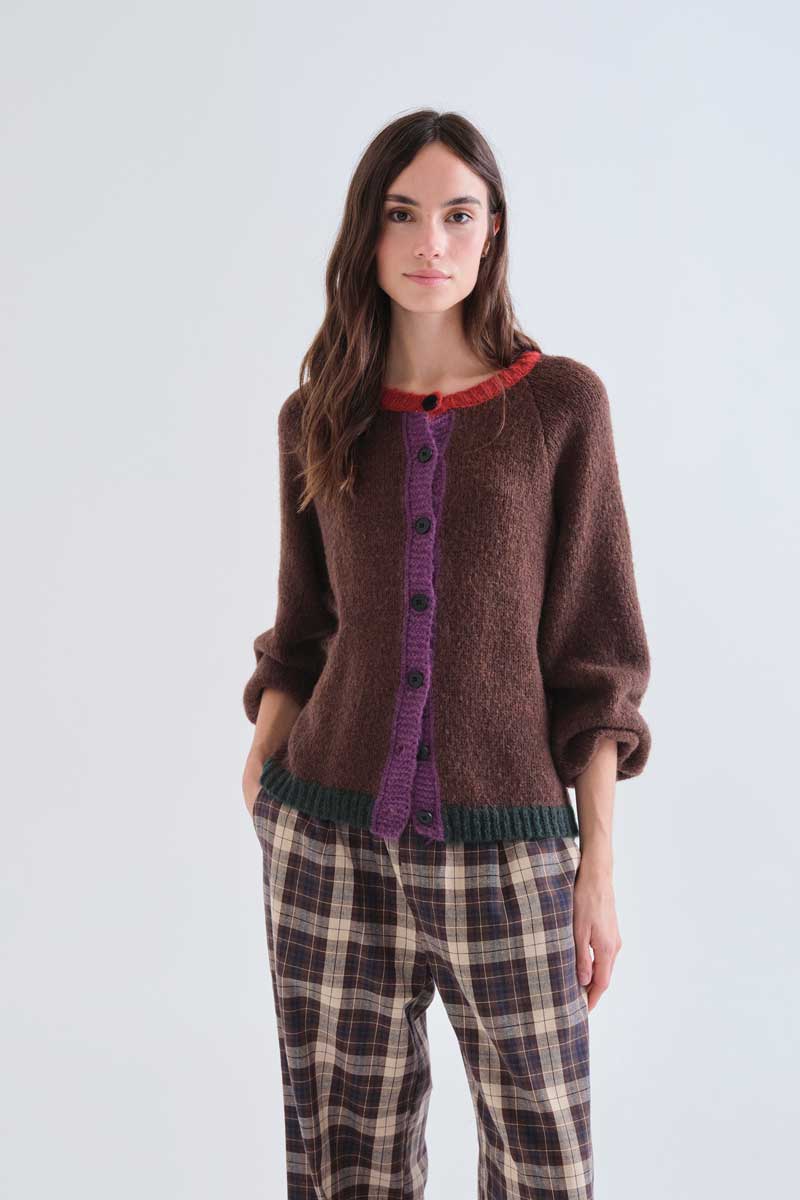 Brown Knit Cardigan with Colourful Trims