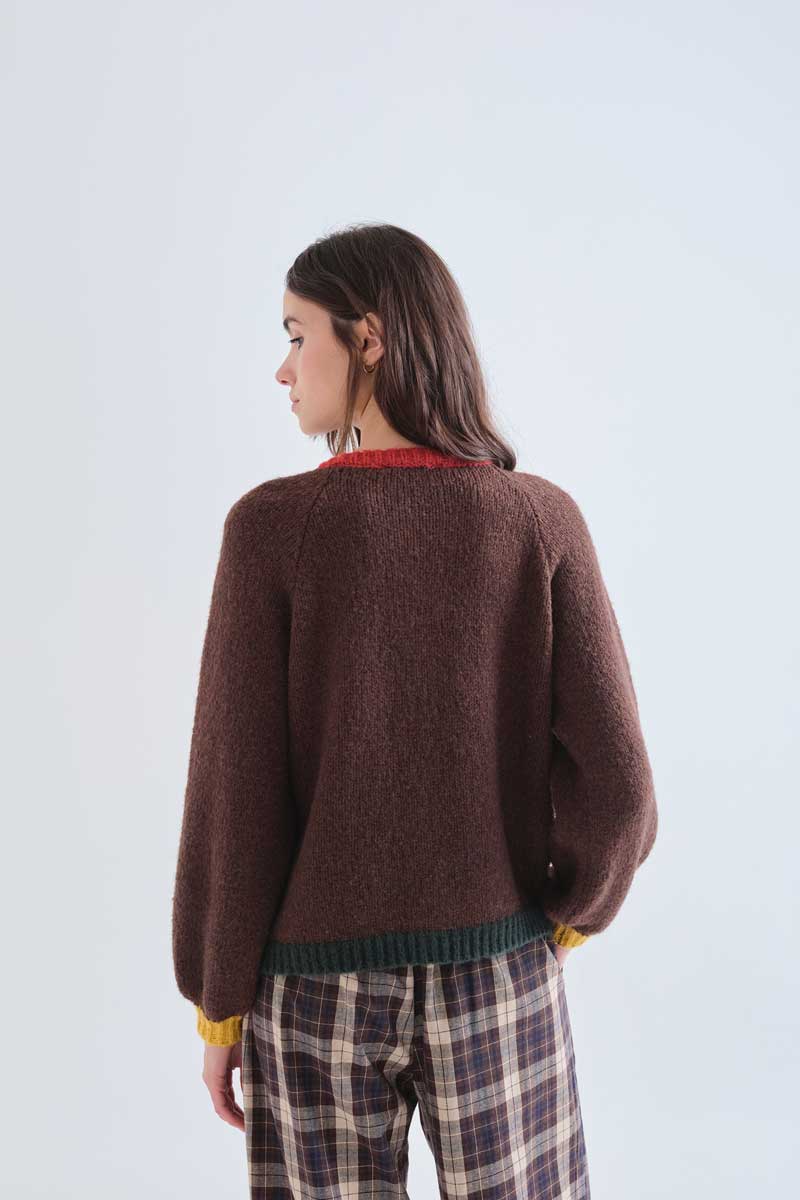 Brown Knit Cardigan with Colourful Trims