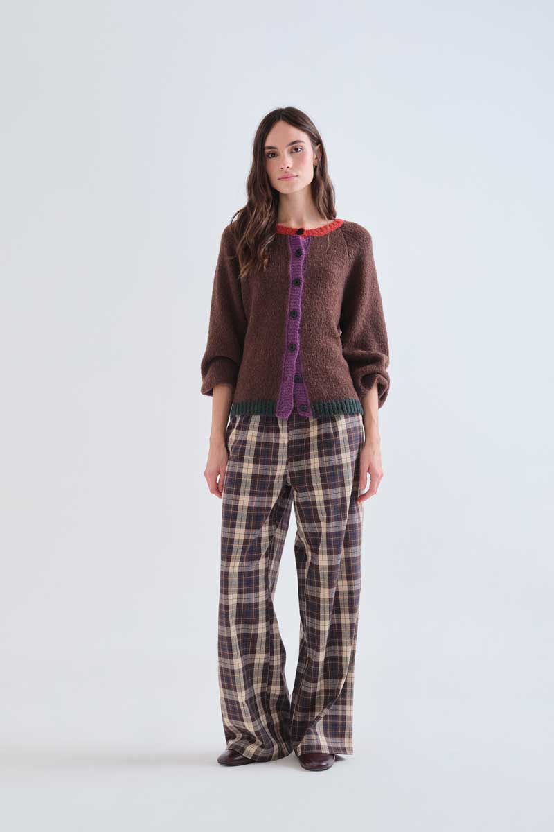 Brown Knit Cardigan with Colourful Trims