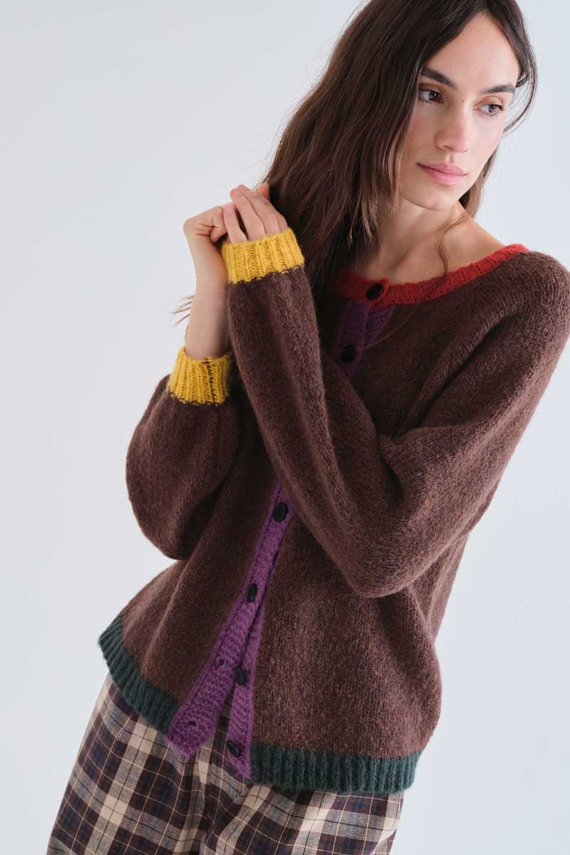 Brown Knit Cardigan with Colourful Trims