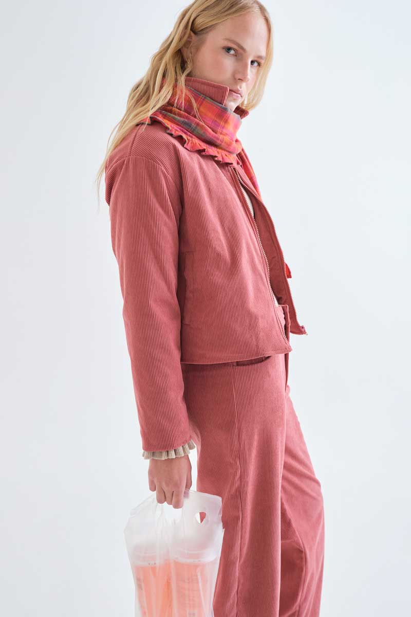 Pink Textured Straight-Leg Trousers