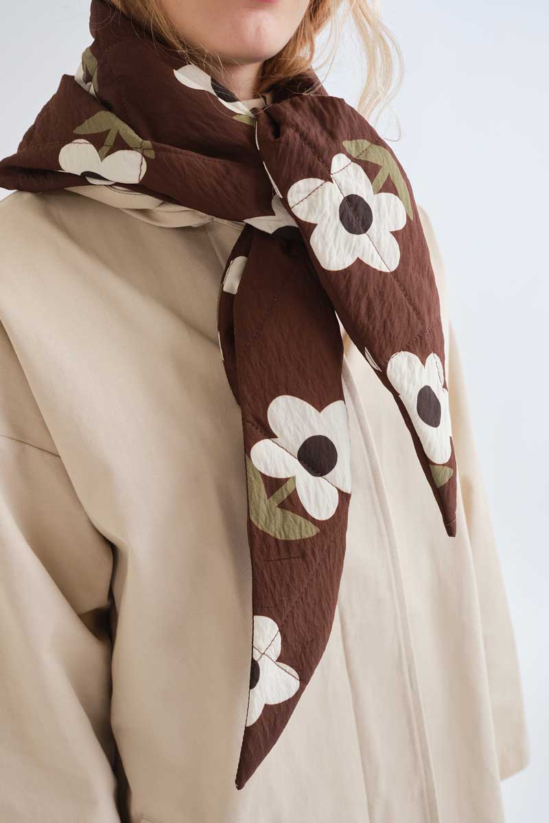 Brown Quilted Scarf with Cream Flowers