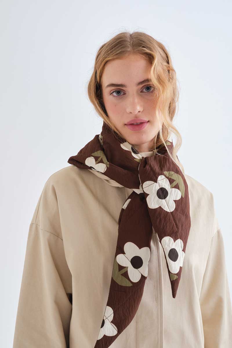 Brown Quilted Scarf with Cream Flowers