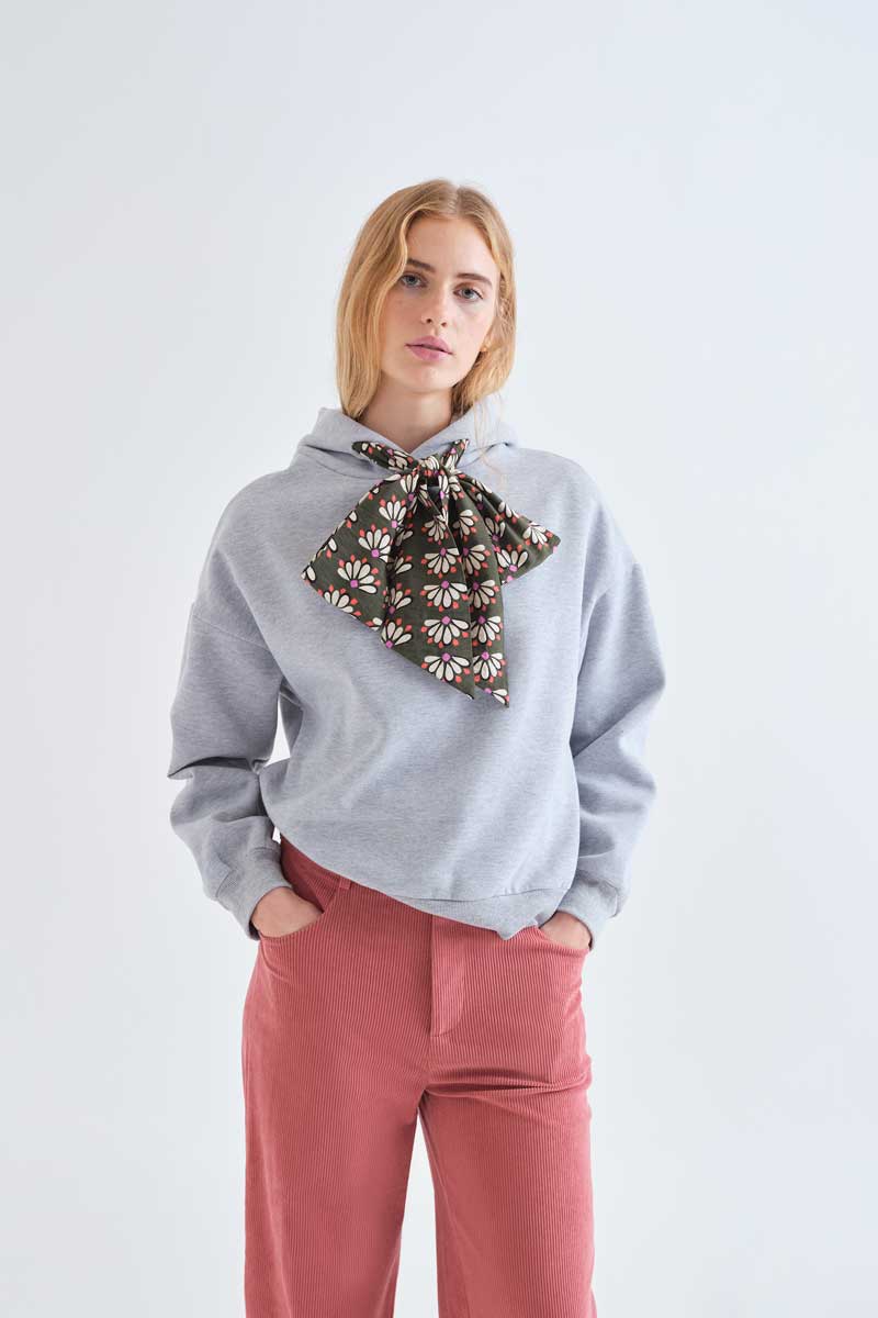 Grey Hoodie with Floral Tie Detail