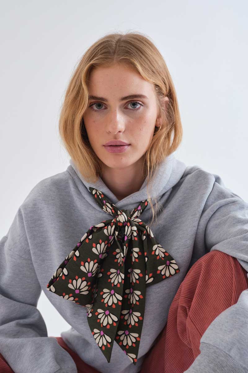 Grey Hoodie with Floral Tie Detail