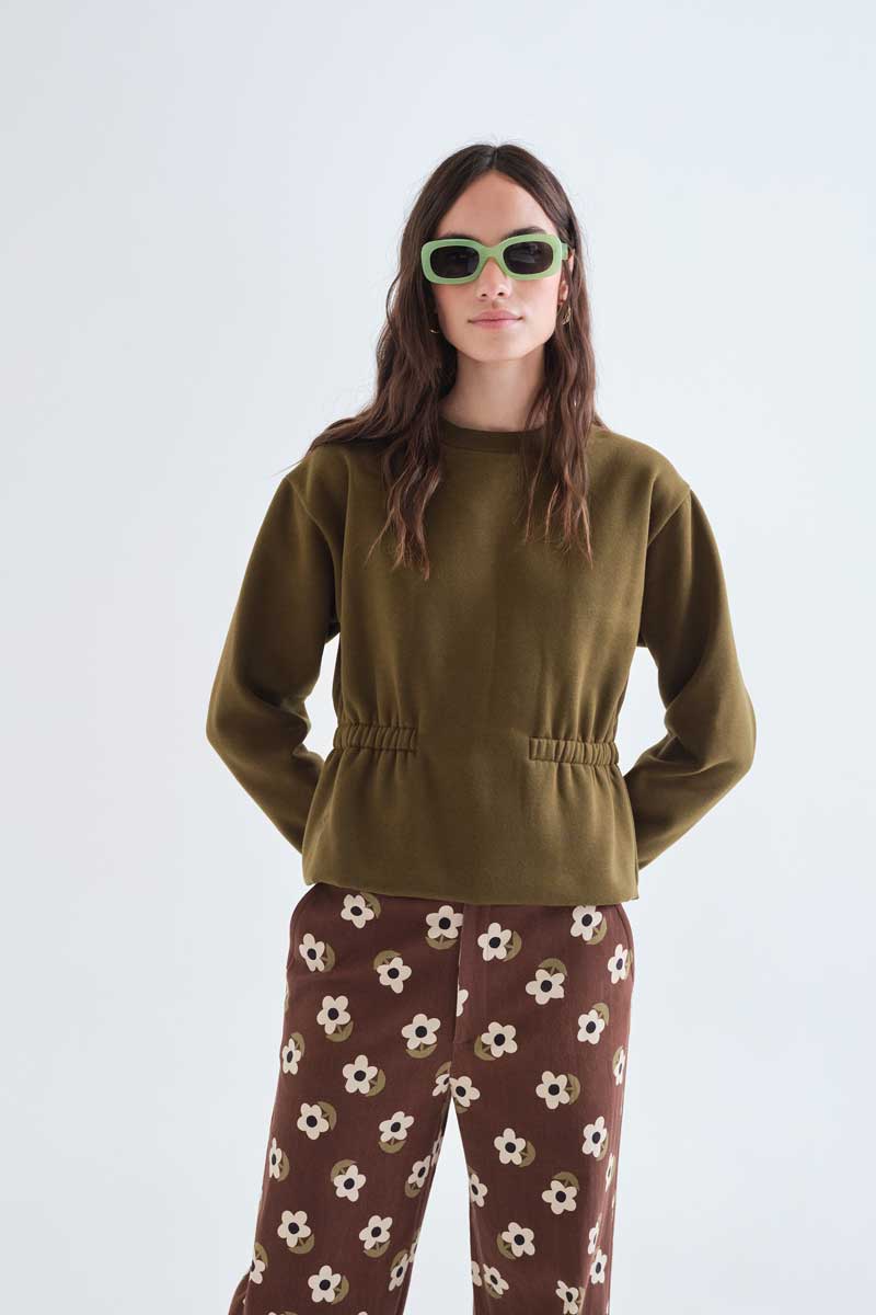 Olive Sweatshirt with Gathered Waist