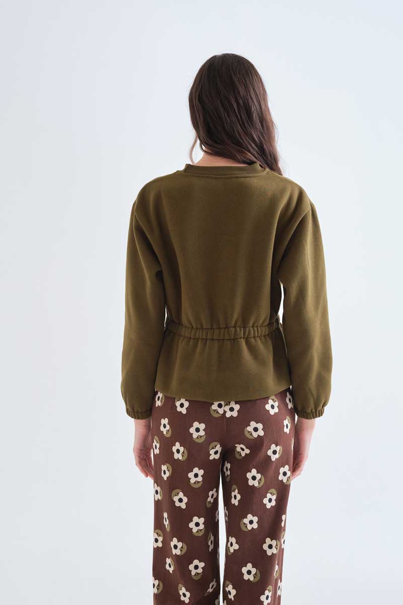 Olive Sweatshirt with Gathered Waist