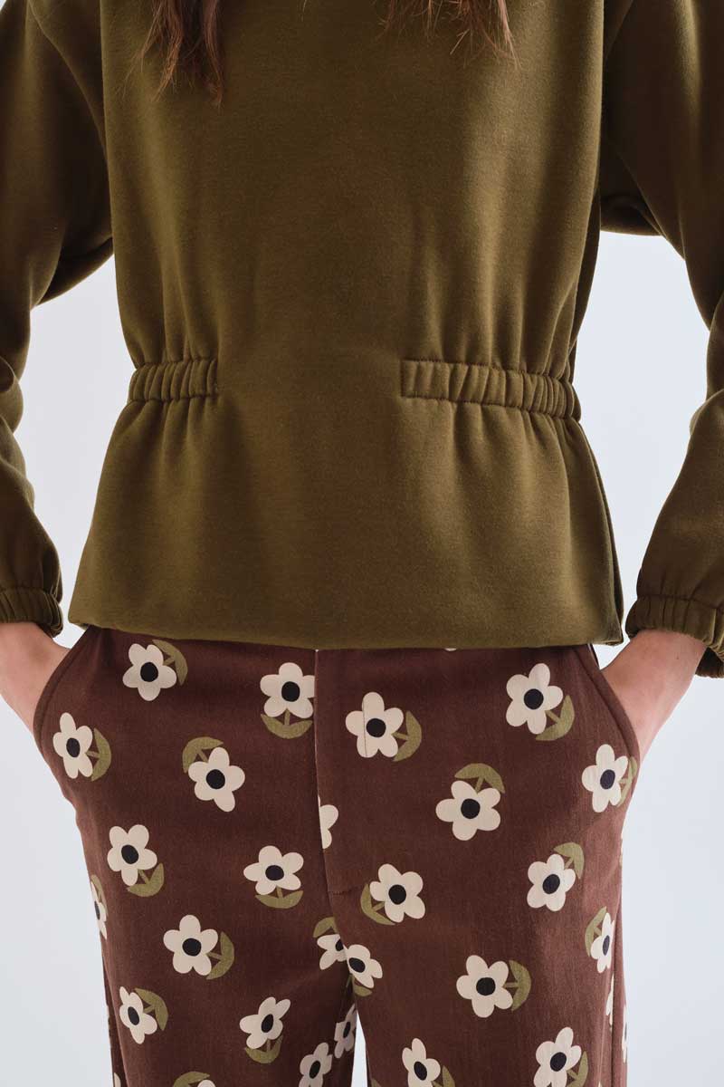 Olive Sweatshirt with Gathered Waist