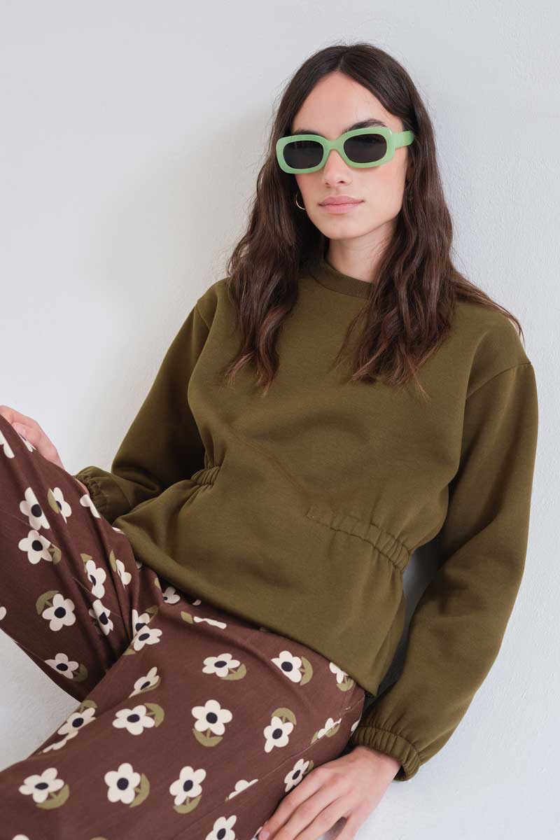 Olive Sweatshirt with Gathered Waist