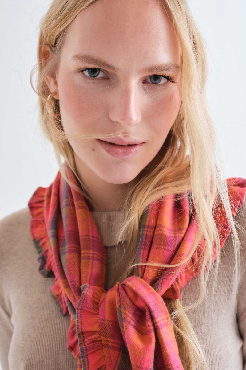 Multicoloured Check Cotton Scarf with Ruffle Trim