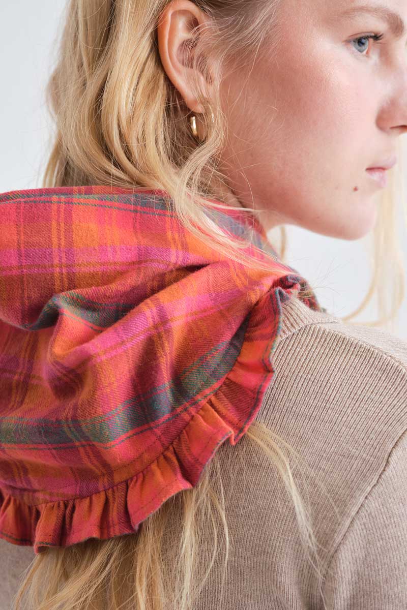 Multicoloured Check Cotton Scarf with Ruffle Trim
