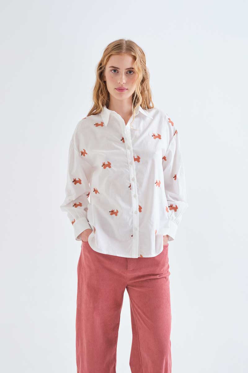 White Cotton Shirt with little Knitted Foxes