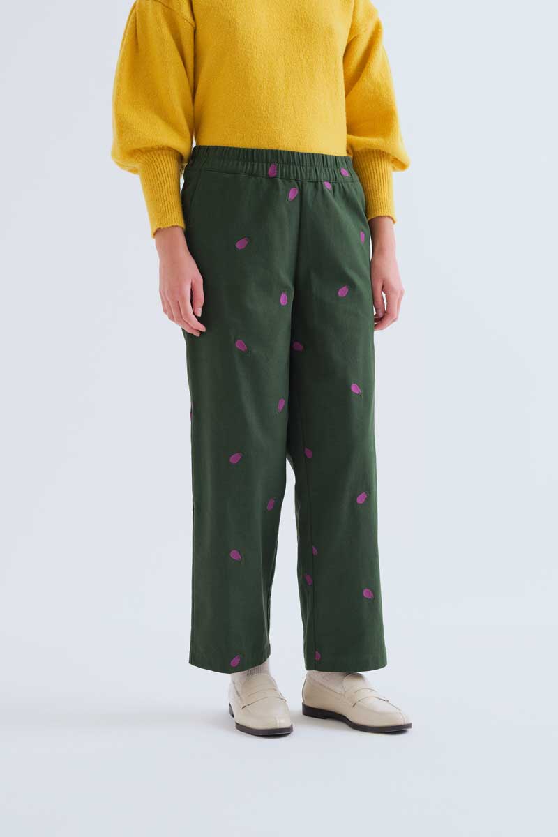 Cotton Green Trousers with Egplant Embroidery