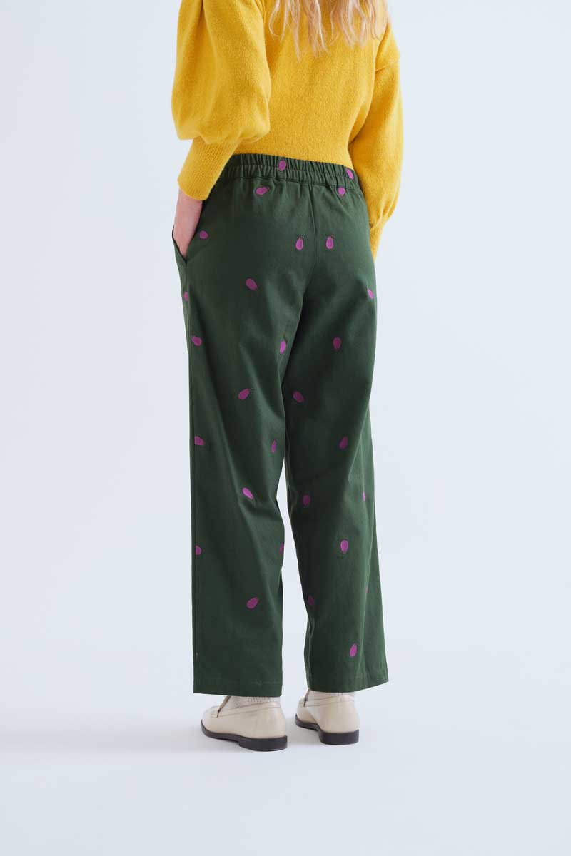 Cotton Green Trousers with Egplant Embroidery