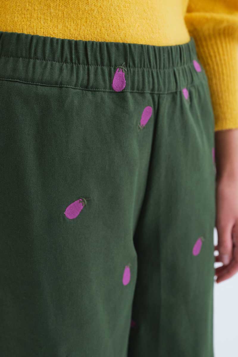 Cotton Green Trousers with Egplant Embroidery