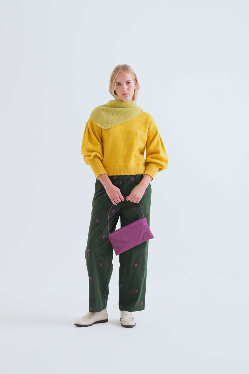 Cotton Green Trousers with Egplant Embroidery