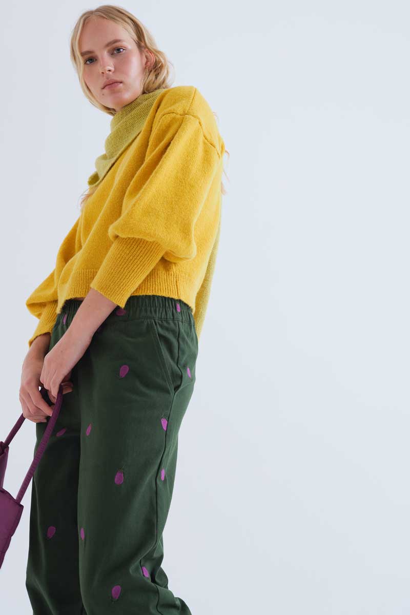 Cotton Green Trousers with Egplant Embroidery