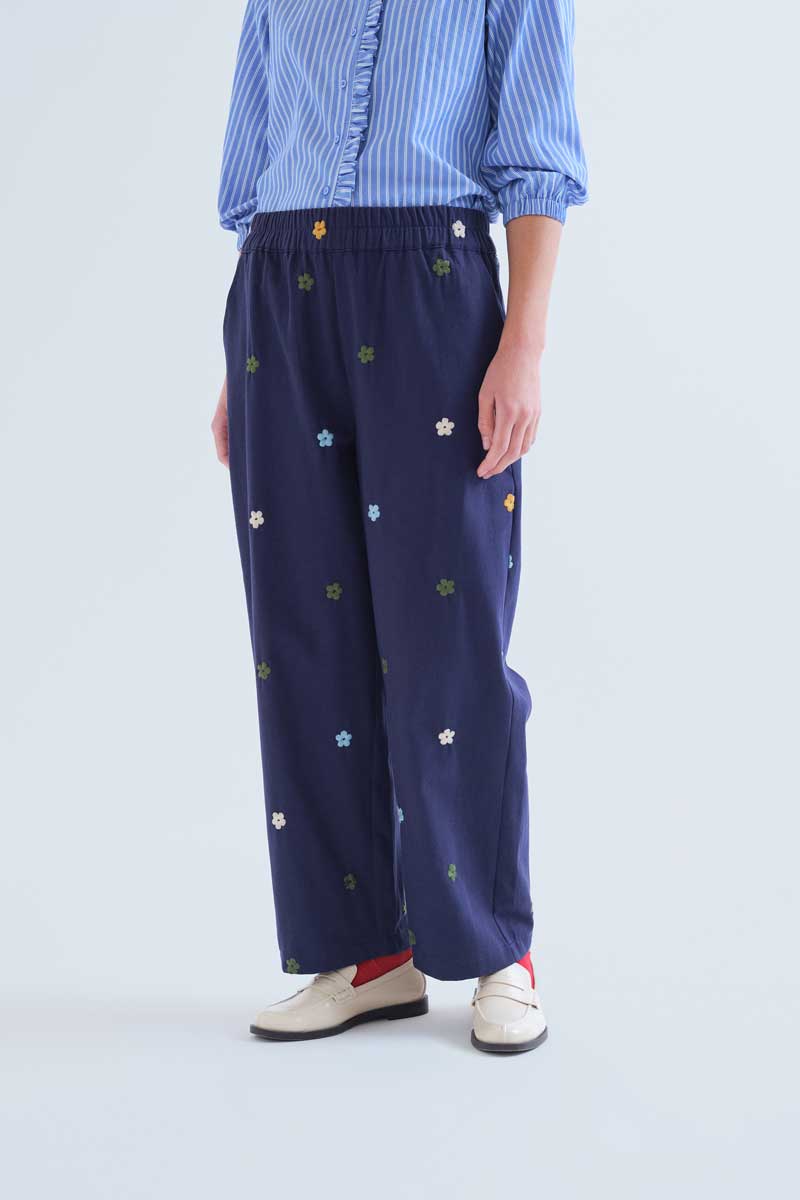 Cotton Navy Blue Trousers with Flowers Embroidery
