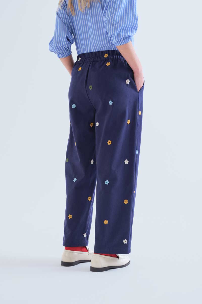 Cotton Navy Blue Trousers with Flowers Embroidery