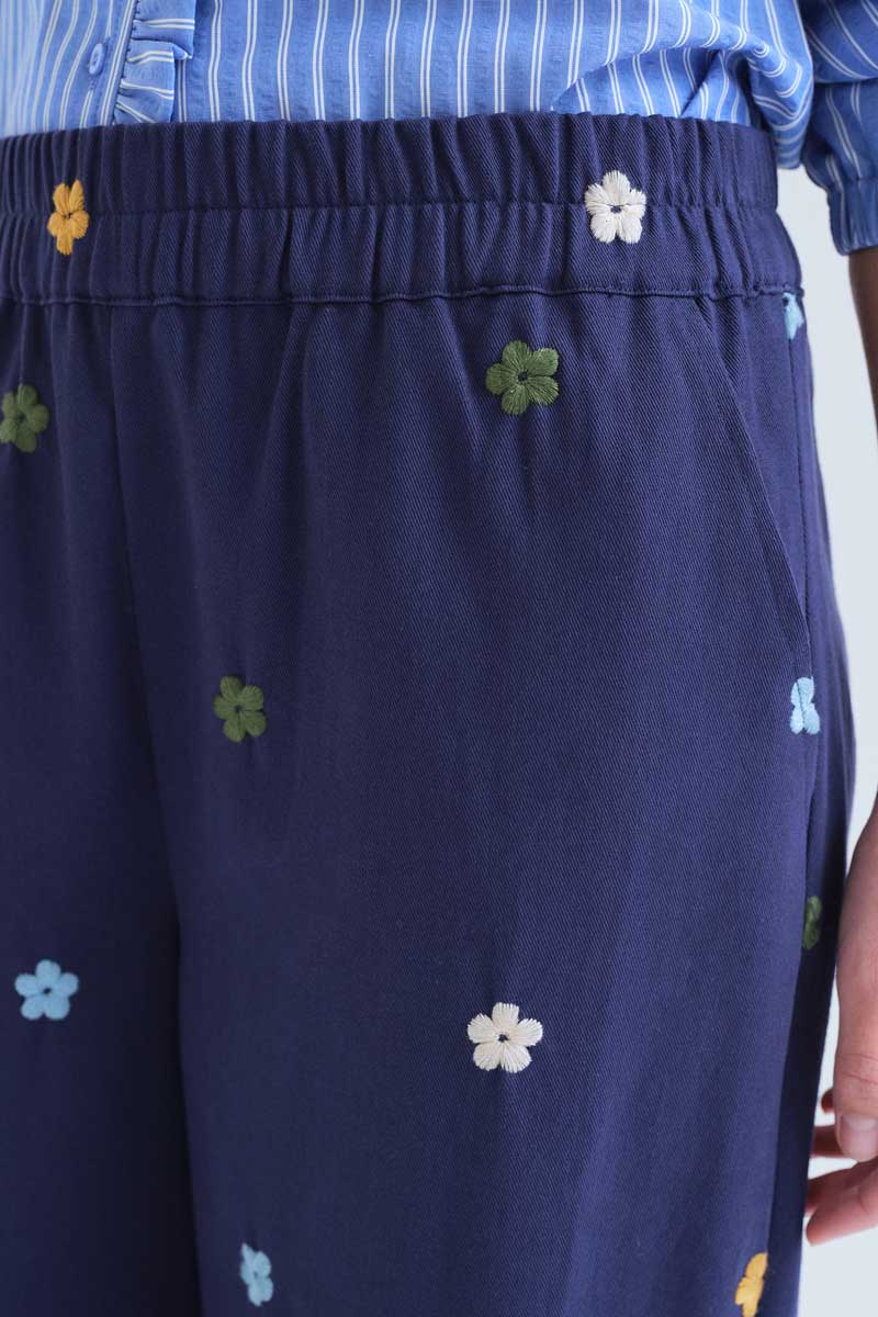 Cotton Navy Blue Trousers with Flowers Embroidery