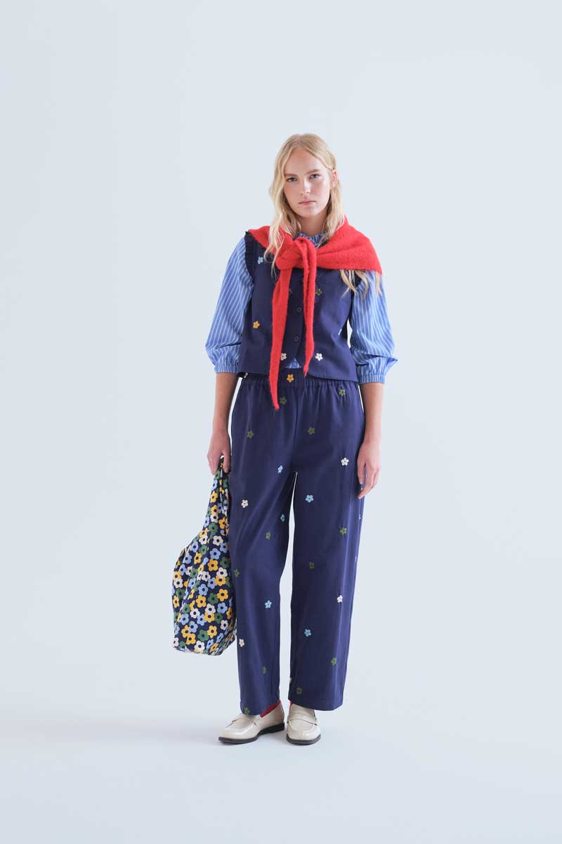 Cotton Navy Blue Trousers with Flowers Embroidery