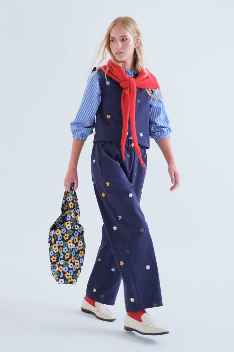 Cotton Navy Blue Trousers with Flowers Embroidery