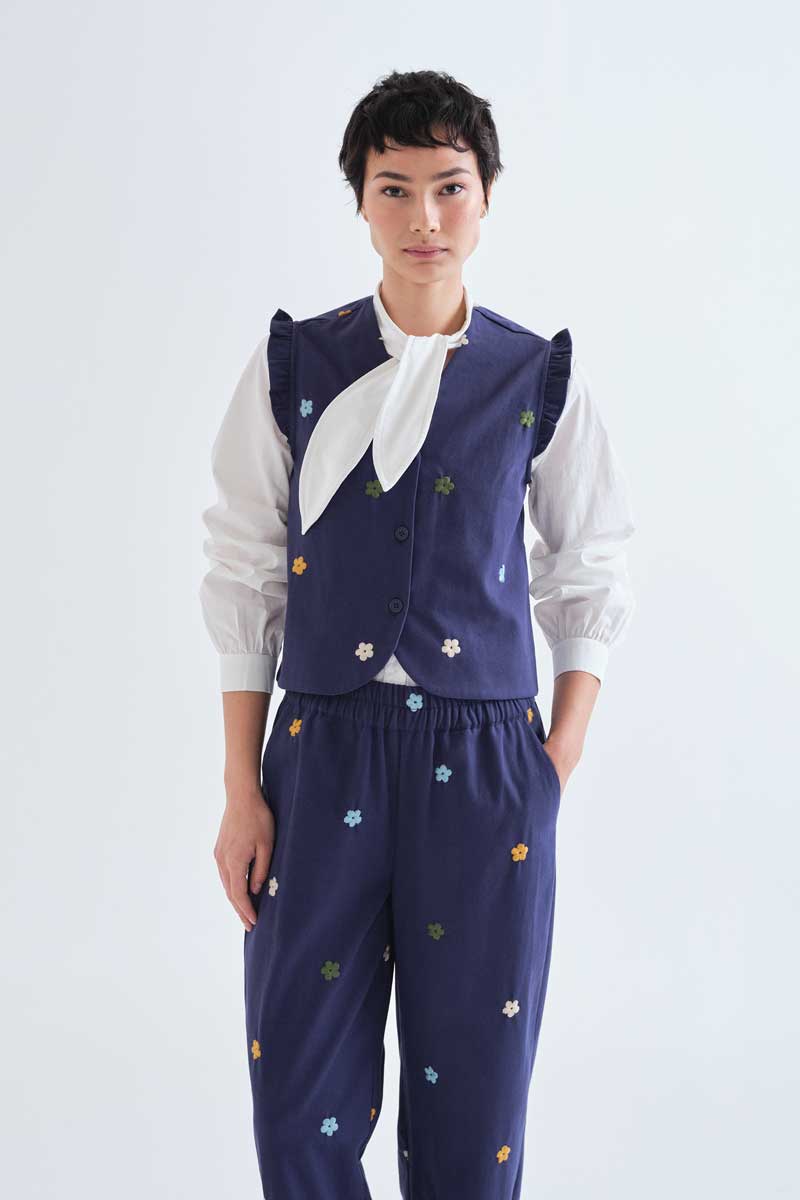 Navy Blue Cotton Vest with Floral Embroidery