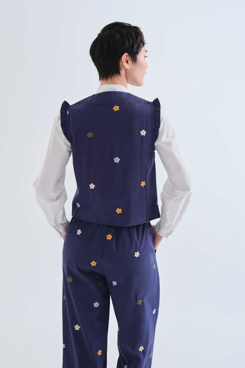 Navy Blue Cotton Vest with Floral Embroidery