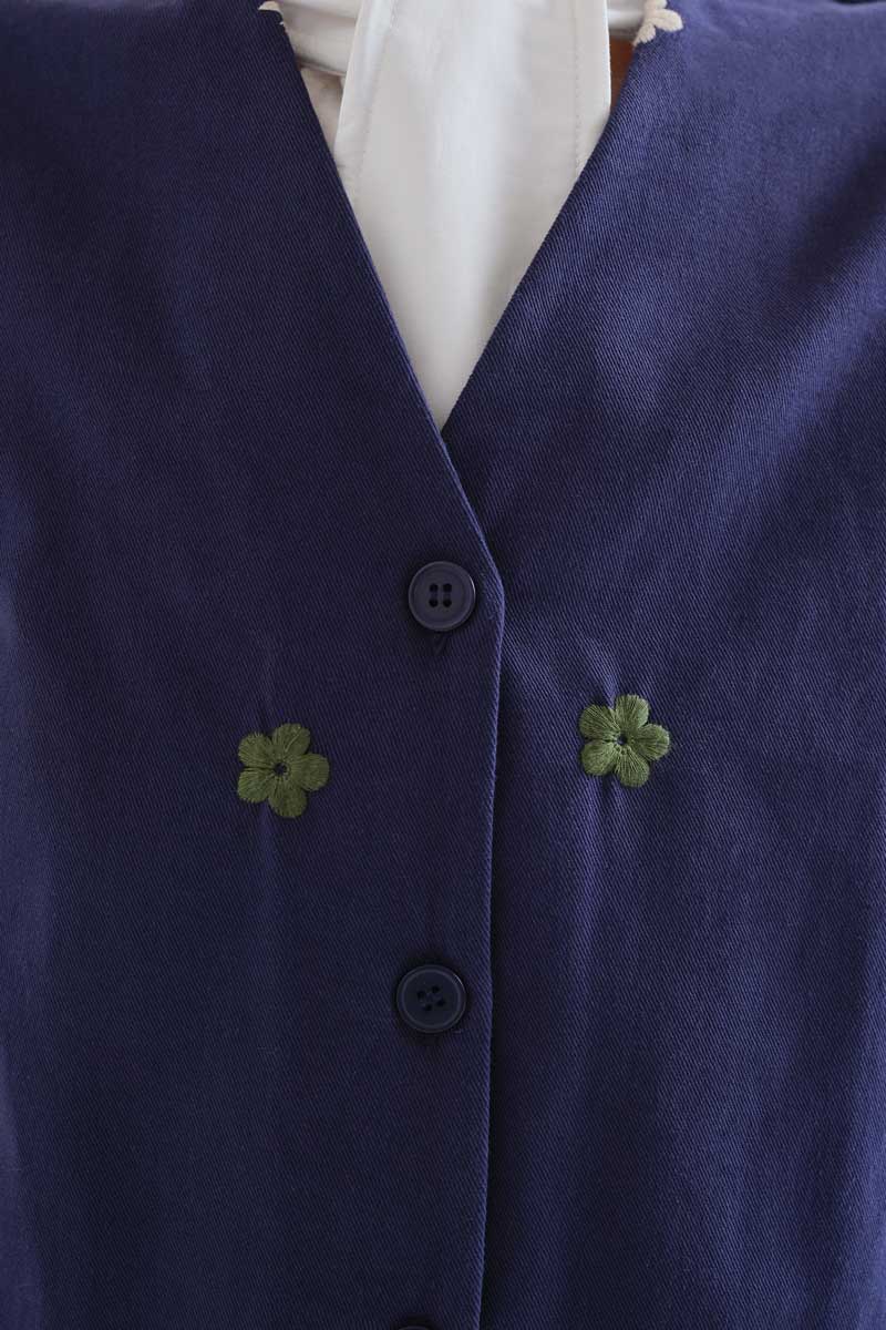Navy Blue Cotton Vest with Floral Embroidery