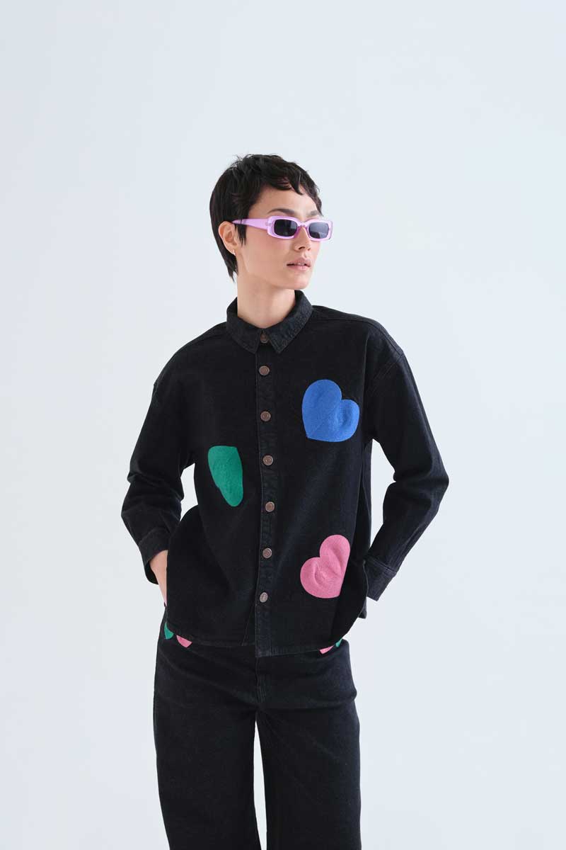 Black Denim Shirt with Hearts Print