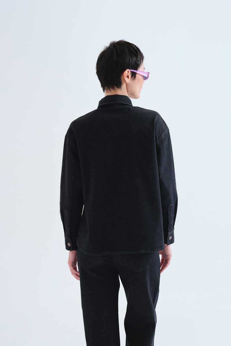 Black Denim Shirt with Hearts Print
