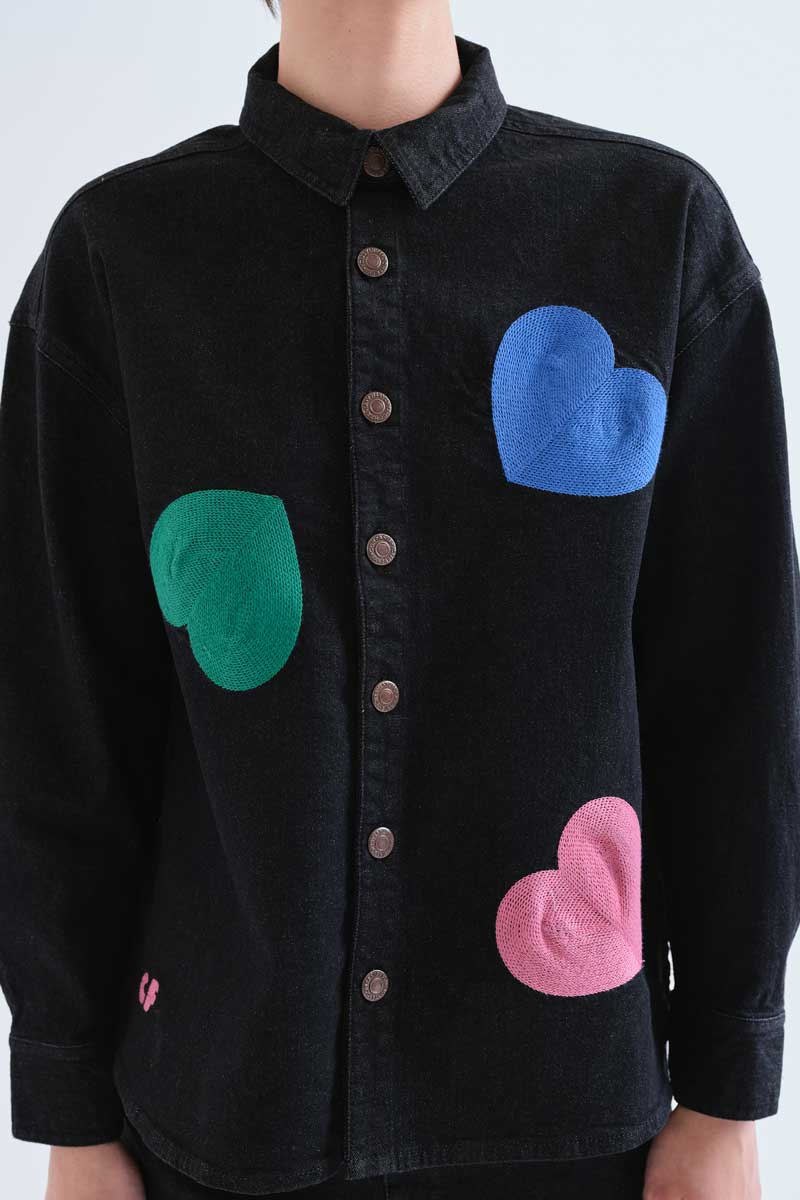 Black Denim Shirt with Hearts Print