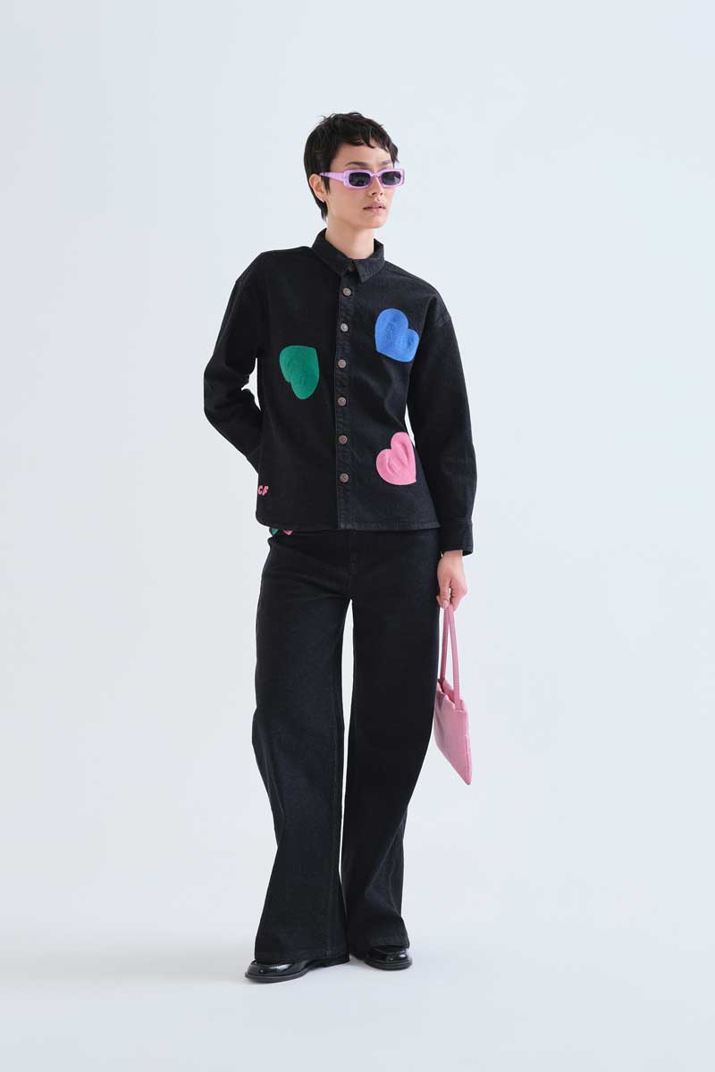 Black Denim Shirt with Hearts Print