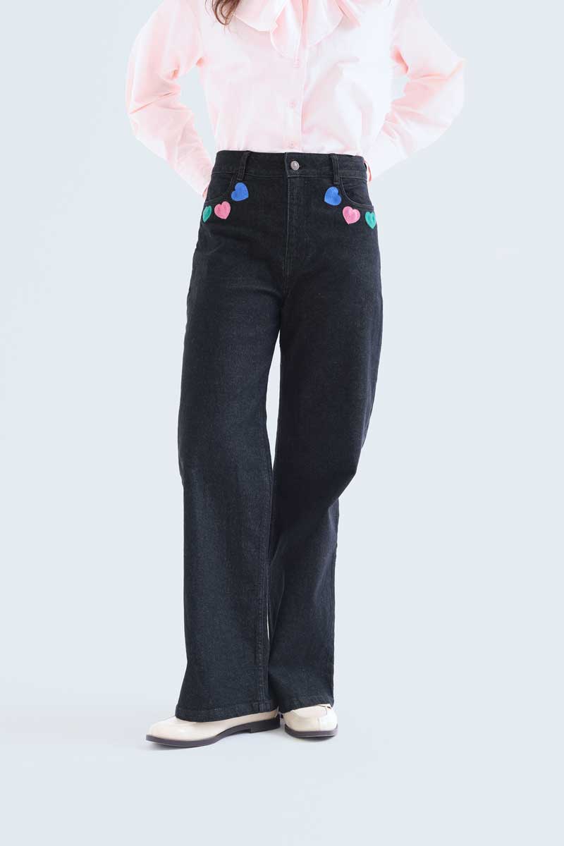 Black Denim Pants with Hearts Print