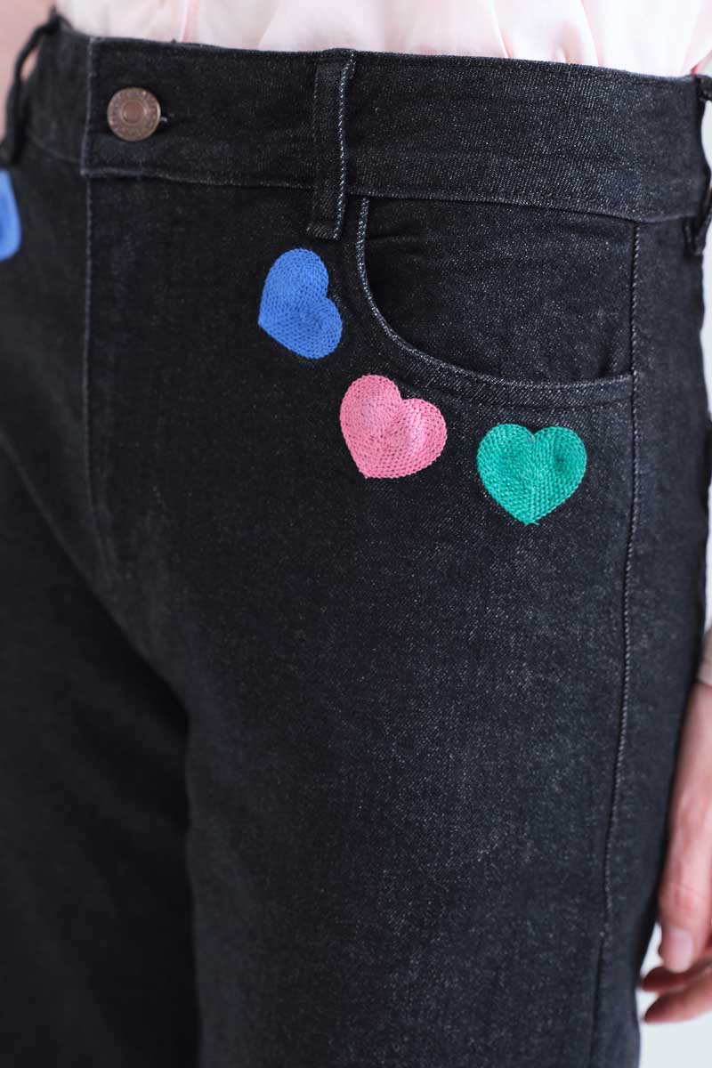 Black Denim Pants with Hearts Print