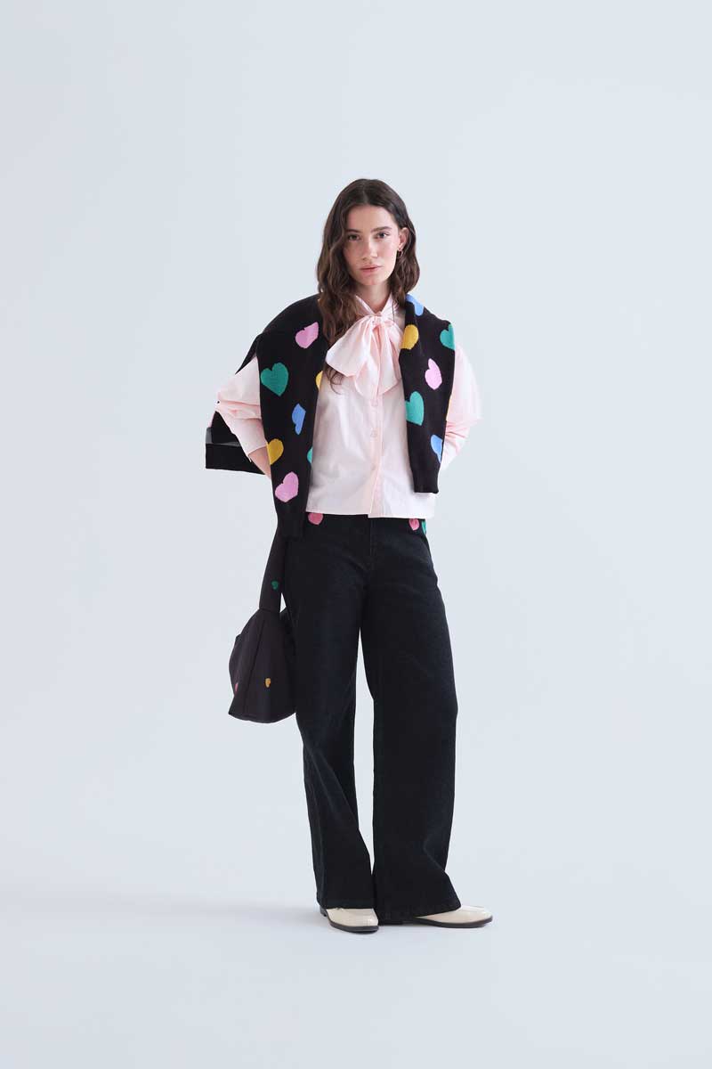 Black Denim Pants with Hearts Print