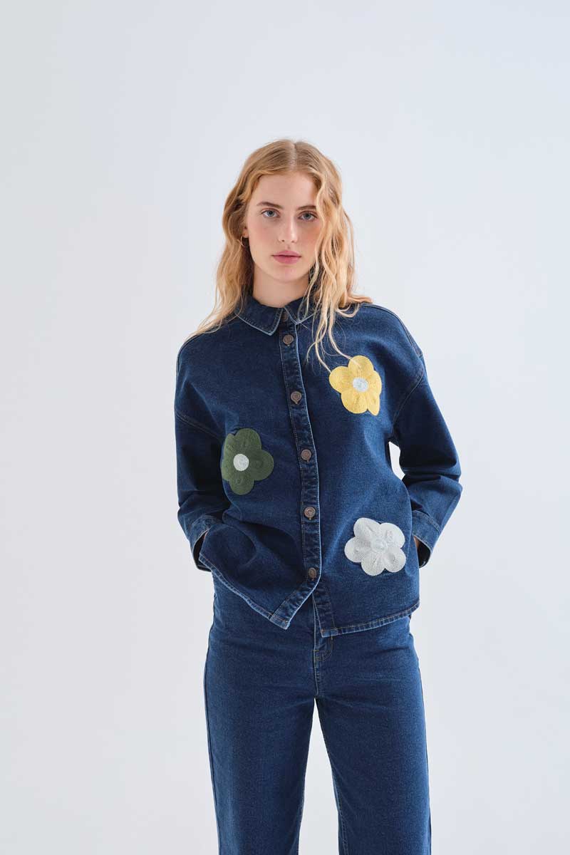 Blue Demin Shirt with Flowers Print