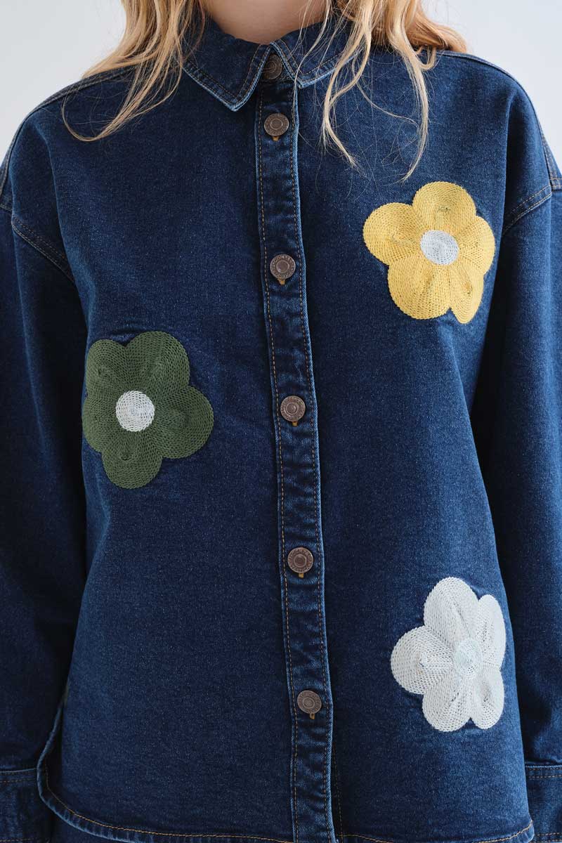 Blue Demin Shirt with Flowers Print