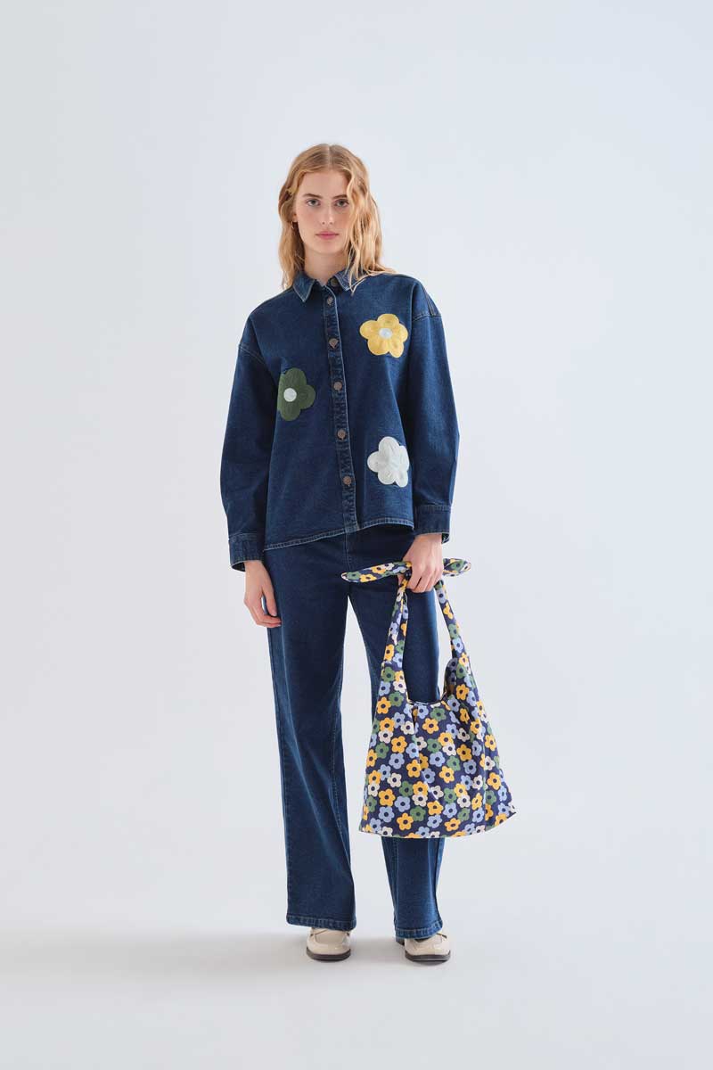 Blue Demin Shirt with Flowers Print