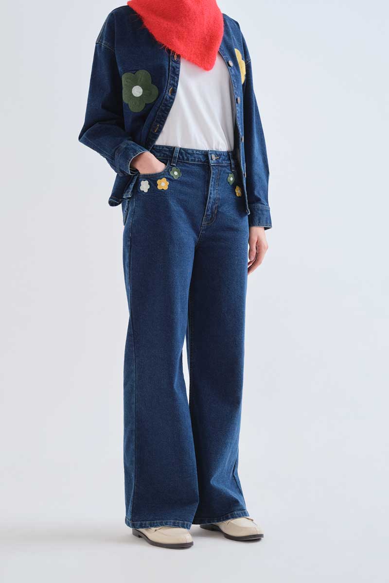 Blue Denim Pants with Floral Print