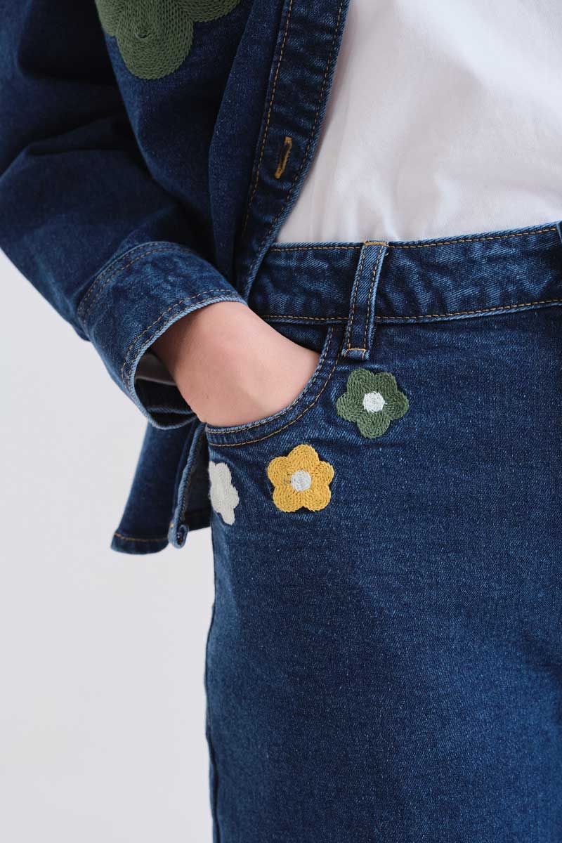 Blue Denim Pants with Floral Print