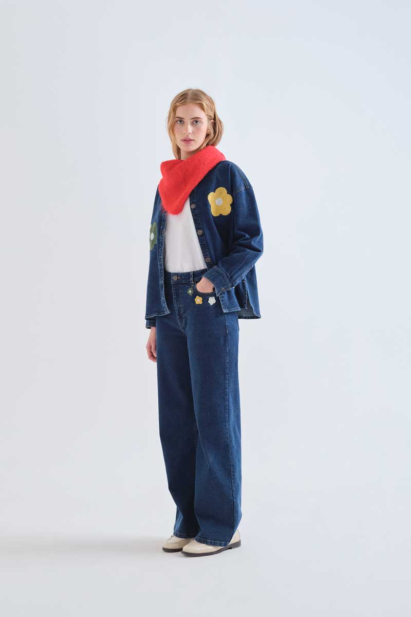 Blue Denim Pants with Floral Print