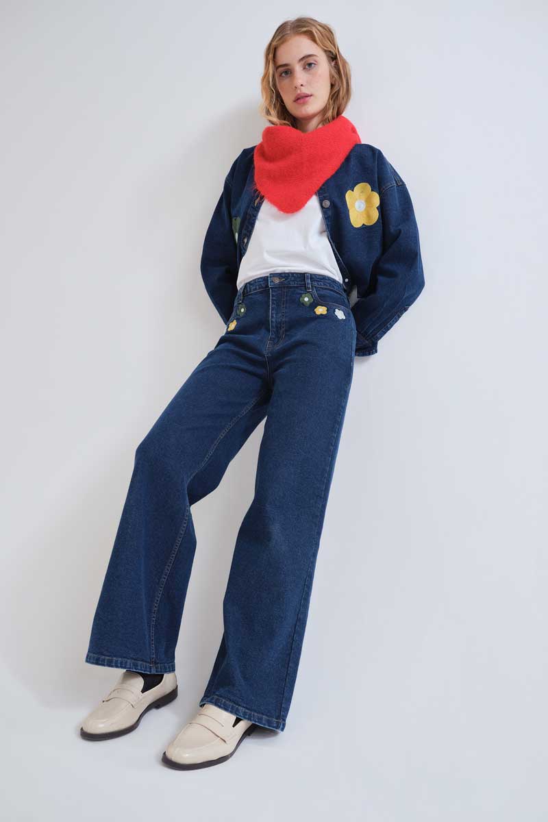 Blue Denim Pants with Floral Print