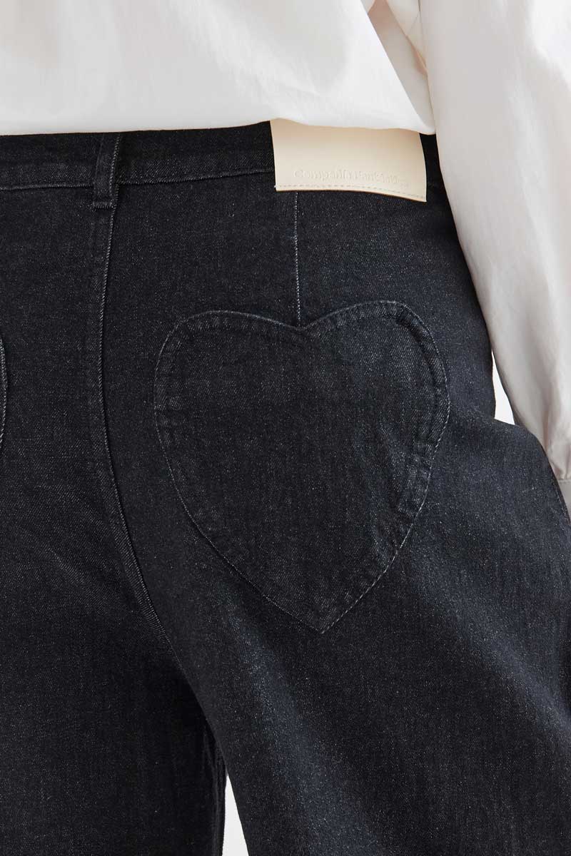 Black Denim Pants with Heart Pockets