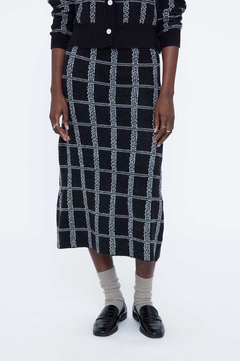 Black and White Checked Knit Midi Skirt