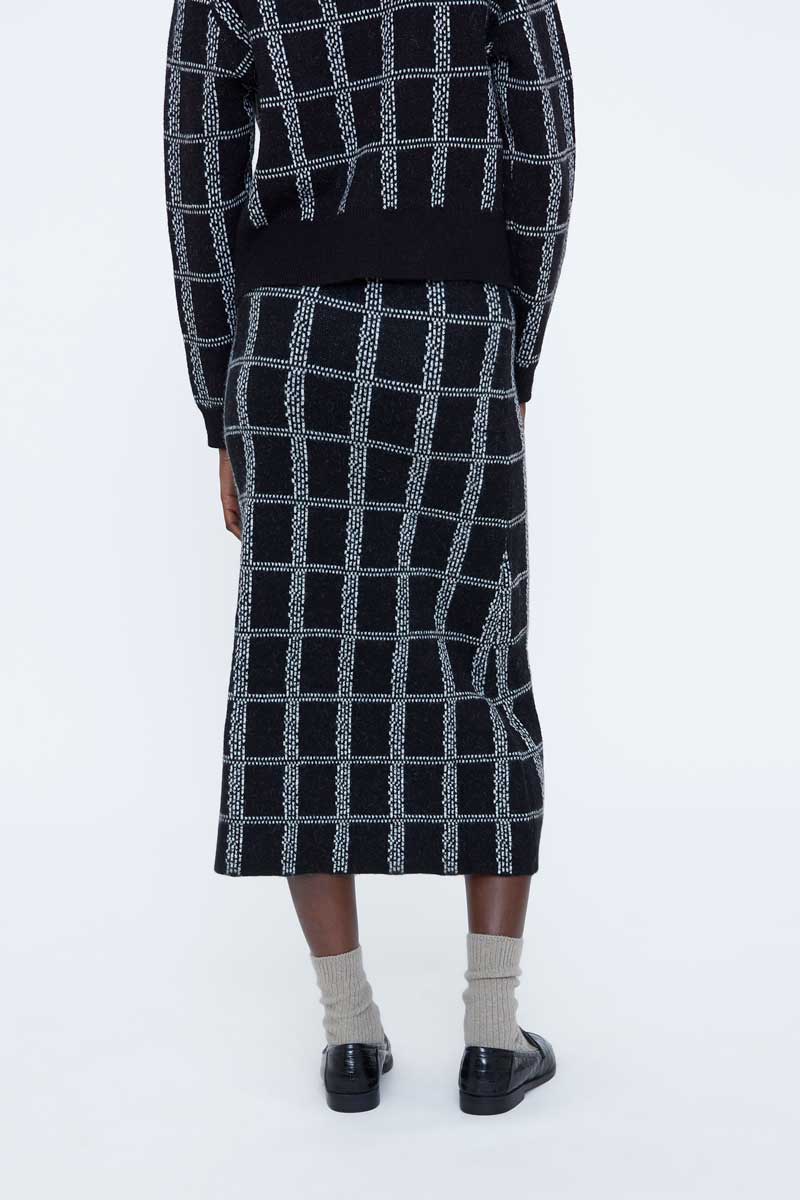 Black and White Checked Knit Midi Skirt